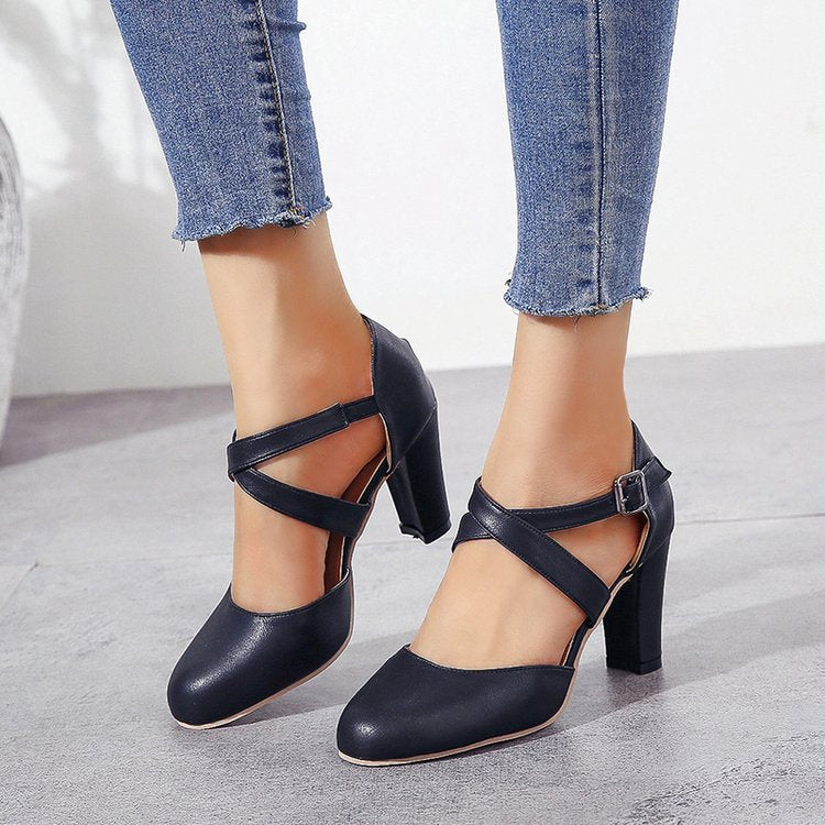 Fashion Square Heel Round Toe Cross Leather Sandals