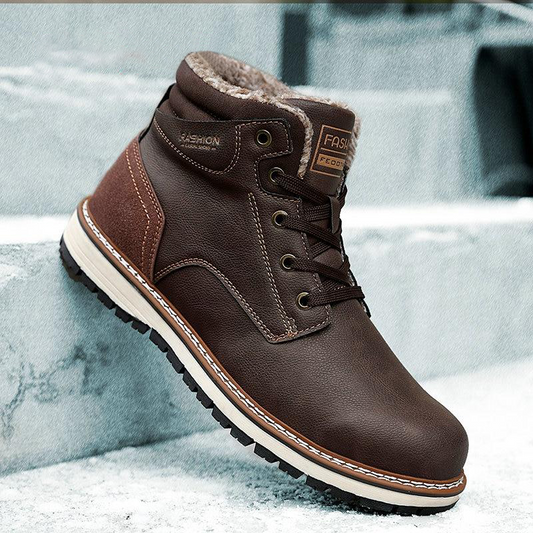 Men Genuine Leather Waterproof Warm Plush Walking Boots