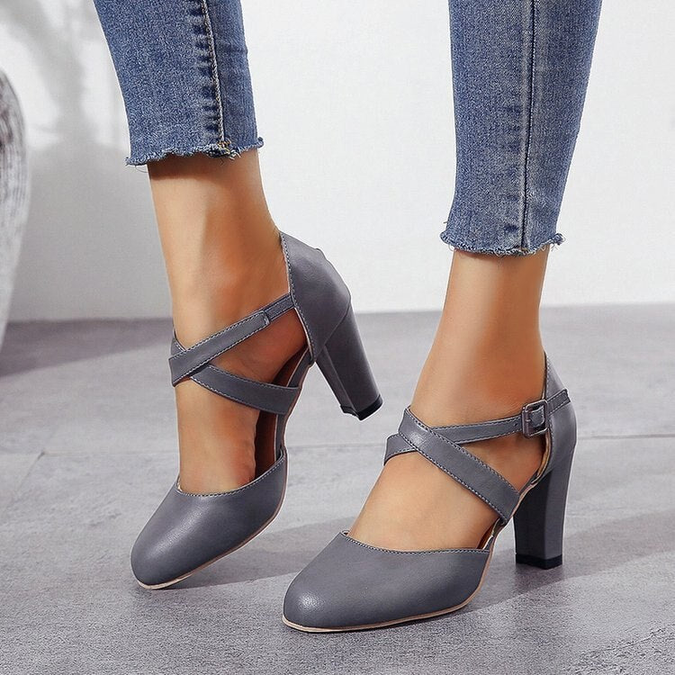 Fashion Square Heel Round Toe Cross Leather Sandals