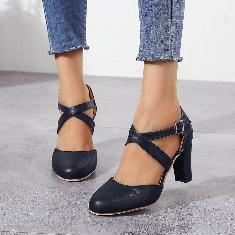 Fashion Square Heel Round Toe Cross Leather Sandals