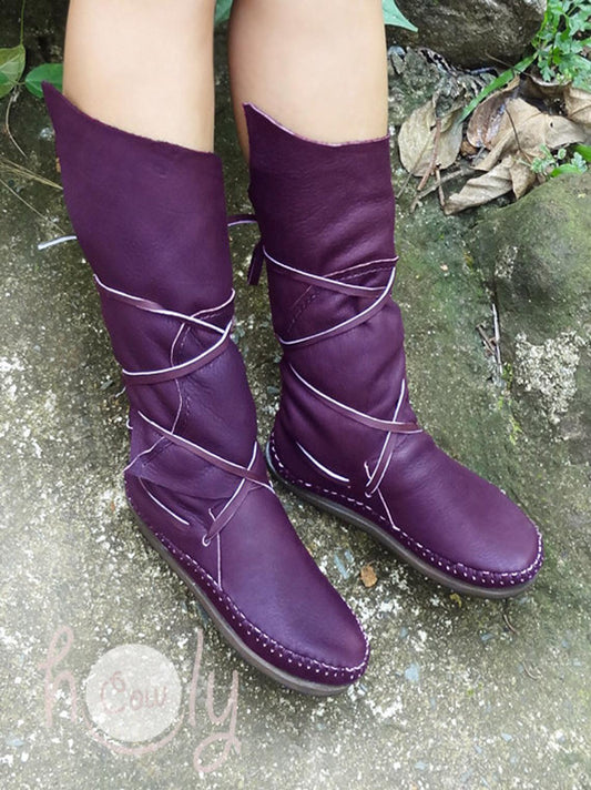 Women Purple Genuine Leather Moccasins Boots